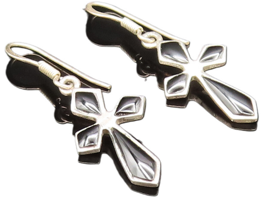 925 Sterling Silver  Vintage Black Onyx Religious Cross Earrings  EG11809