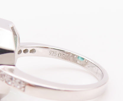 925 Sterling Silver Vintage Ring Rectangle Sea Green White CZ Frame Sz 7 RG29897