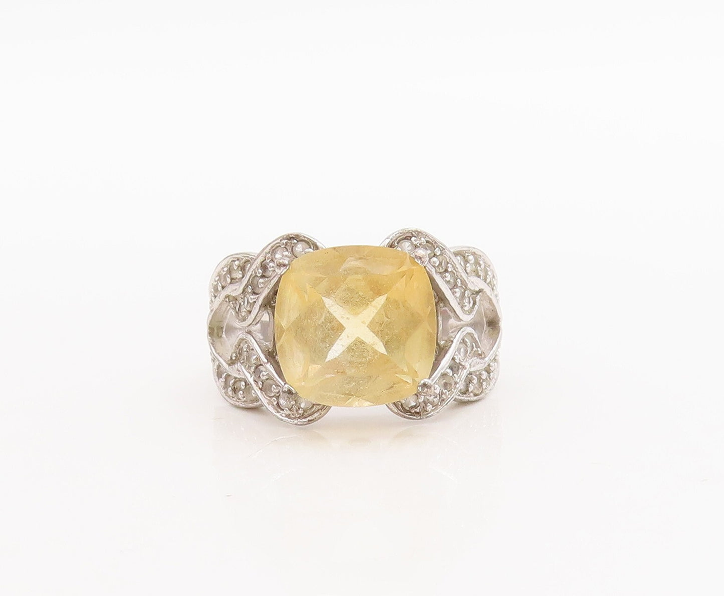 925 Sterling Silver Vintage Ring Square & Loop Cutout 2 Tone Topaz Sz 6  RG29280