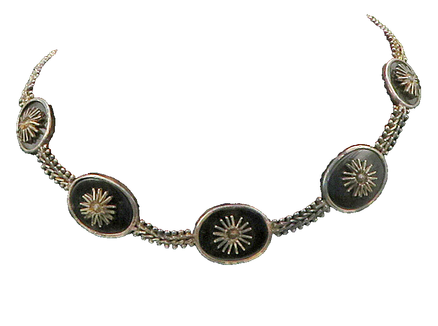 925 Sterling Silver  Vintage Black Onyx Floral Chevron Chain Necklace  NE2664