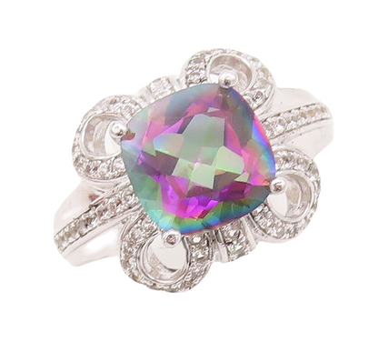 925 Sterling Silver Vintage Ring Designer Mystic Topaz & CZ Flower  Sz 7 RG30463