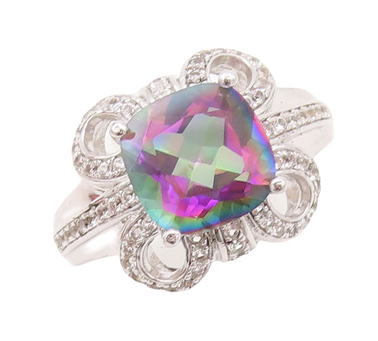 925 Sterling Silver Vintage Ring Designer Mystic Topaz & CZ Flower  Sz 7 RG30463