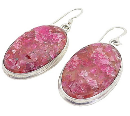 925 Sterling Silver  Vintage Crushed Pink Gemstone Oval Drop Earrings  EG3128