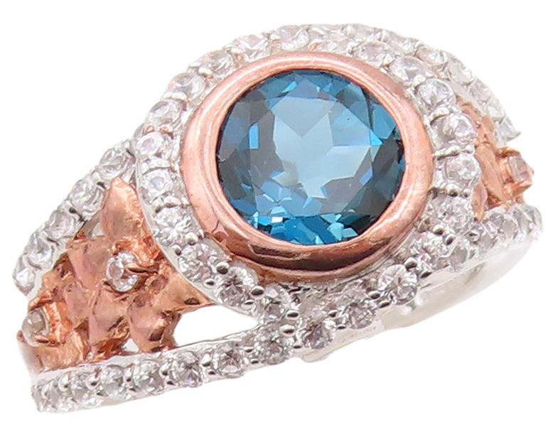925 Sterling Silver Vintage Ring Floral Carved Sapphire & CZ Inlay Sz 7  RG30841