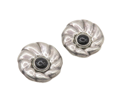 MEXICO 925  Silver  Vintage Cabochon Black Onyx Non Pierce Earrings  EG10680