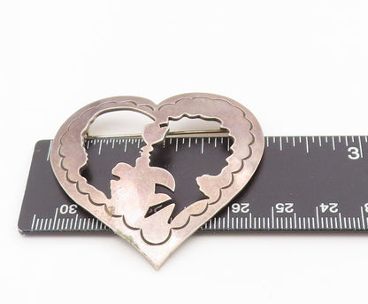 925 Sterling Silver Vintage Brooch MEXICO Cutout Couple In Love Heart  BP12134