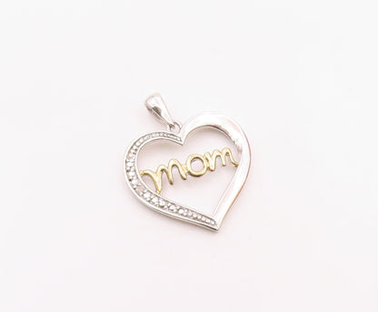 925 Silver  Vintage Genuine Diamond Two Tone MOM Love Heart Pendant  PT20704
