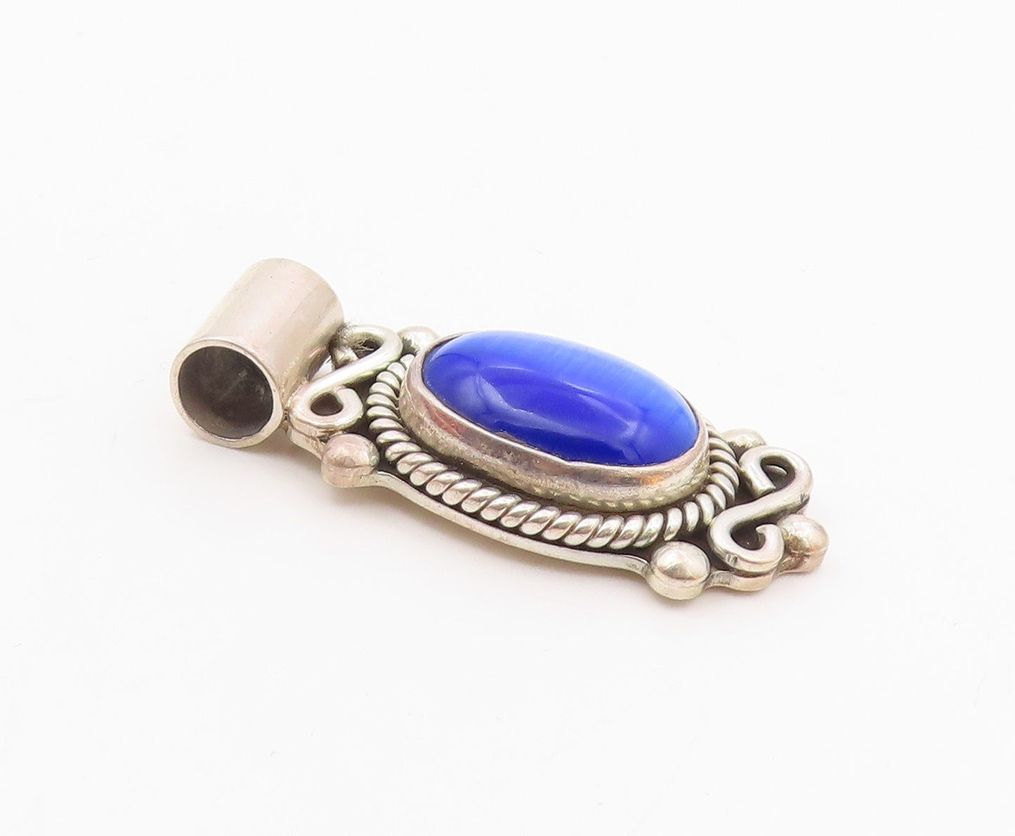 925 Silver  Vintage Twisted Rope & Swirl Edge Blue Cat's Eye Pendant  PT21564