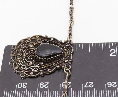 925 Sterling Silver Vintage Necklace Dark Tone Swirly Carved Onyx Inlay  NE4449