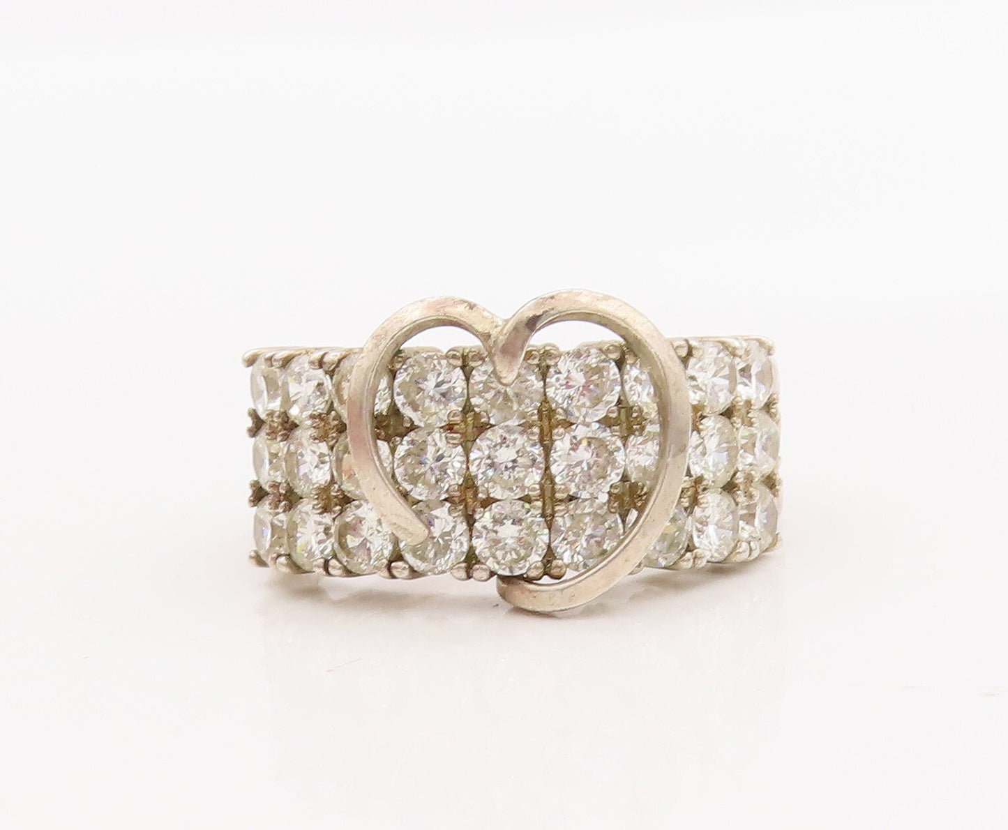 925 Sterling Silver Vintage Ring Round Topaz Beaded Carved Heart  Sz 9  RG29125