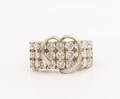 925 Sterling Silver Vintage Ring Round Topaz Beaded Carved Heart  Sz 9  RG29125