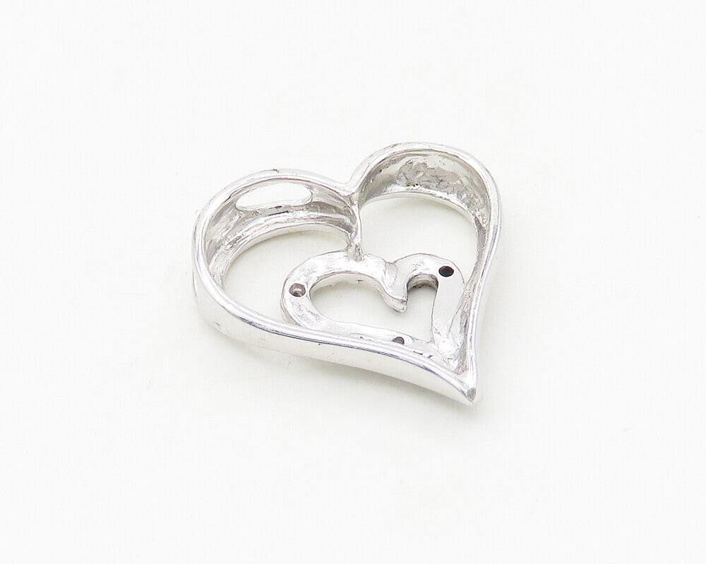 925 Sterling Silver  Shiny Genuine Diamonds Open Love Heart Pendant  PT14429