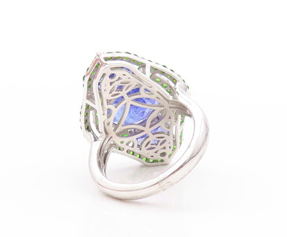 925 Sterling Silver Vintage Ring Tanzanite Halo Peridot Border  Sz 8.5  RG32521