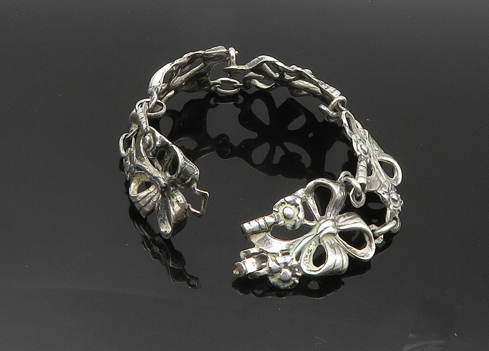 925 Sterling Silver  Vintage Floral Bow Tied Ribbon Chain Bracelet  BT8333