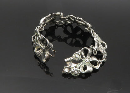 925 Sterling Silver  Vintage Floral Bow Tied Ribbon Chain Bracelet  BT8333