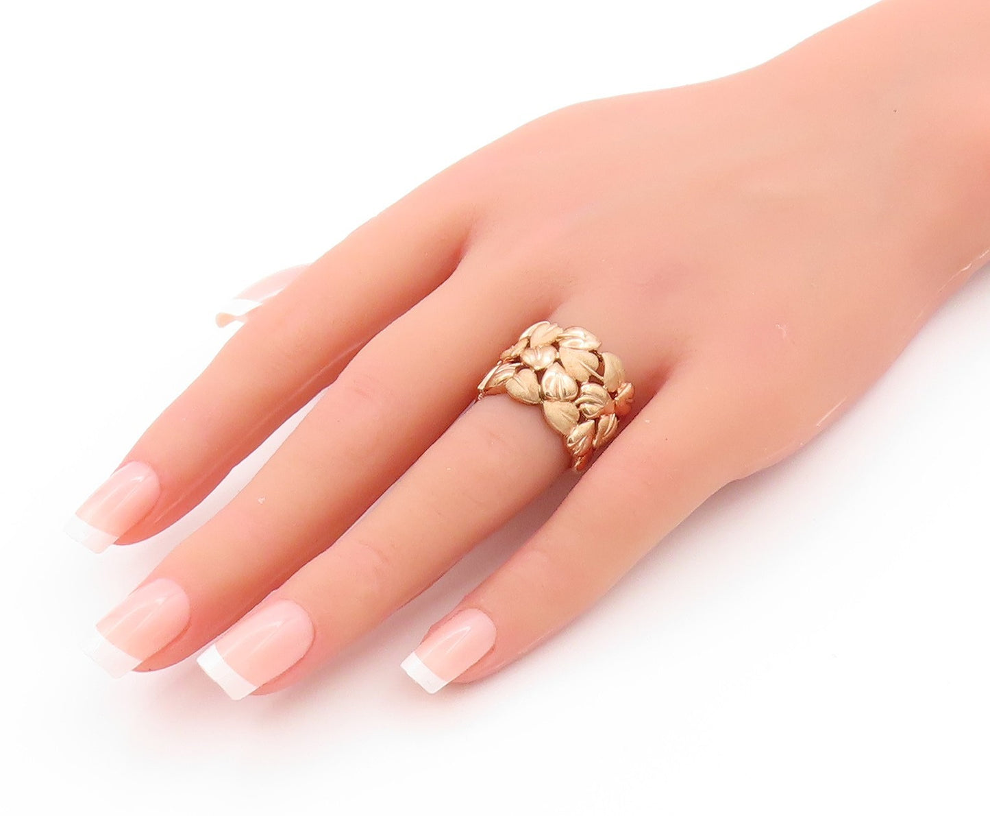 925 Sterling Silver Vintage Ring Rose Gold Plated Brutalist Leaves Sz 6  RG32915