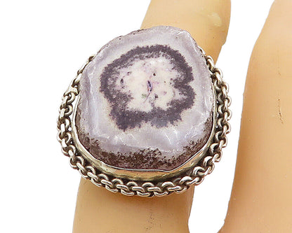 925 Sterling Silver  Vintage Agate Chain Link Border Cocktail Ring Sz 6 RG8126