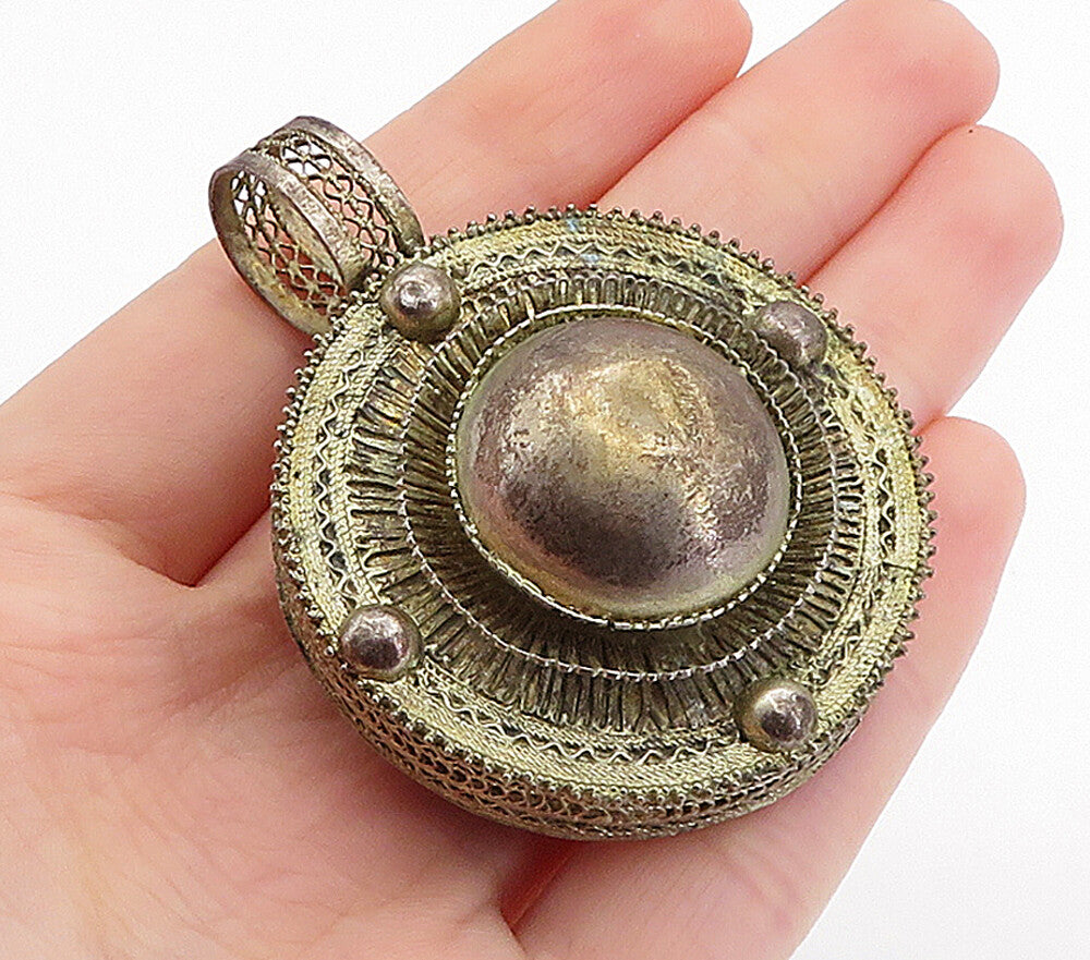 925 Sterling Silver  Vintage Antique Filigree Detail Round Dome Pendant PT4259