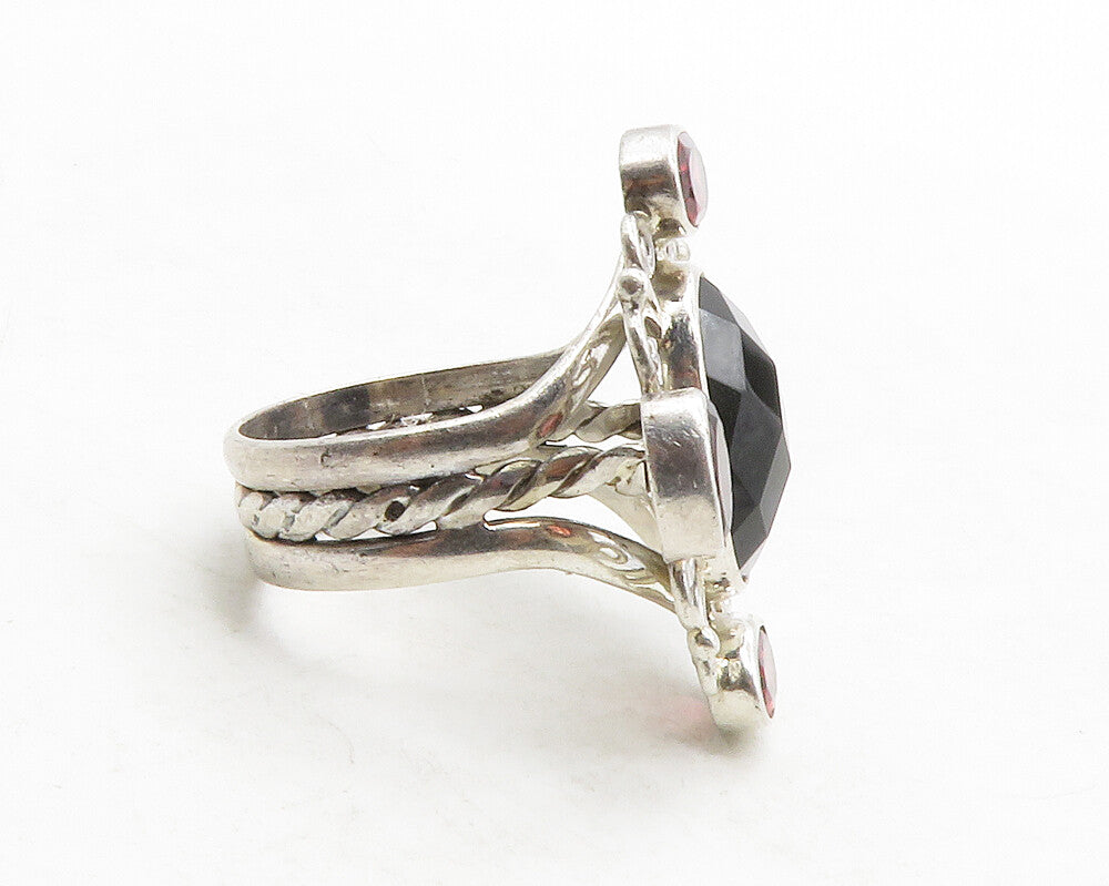 925 Sterling Silver  Black Onyx & Red Topaz Swirl Cocktail Ring Sz 7  RG13296