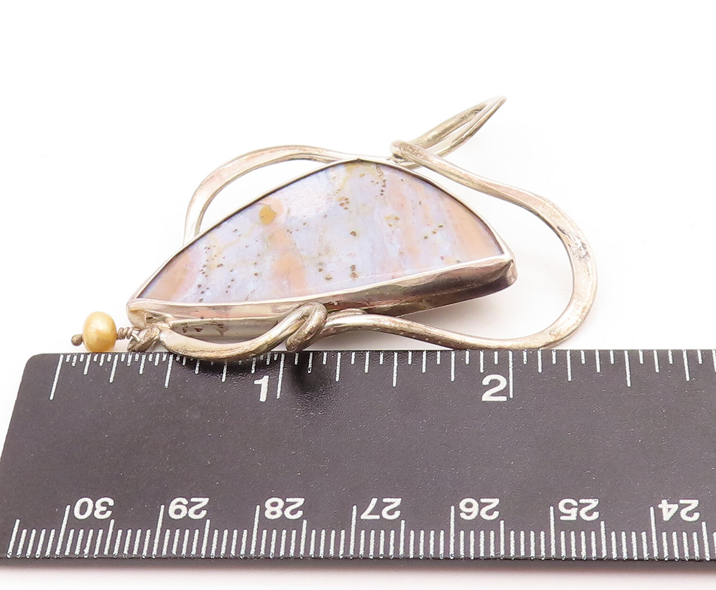925 Sterling Silver Vintage Pendant Brutalist Designer Marble With Pearl PT22855