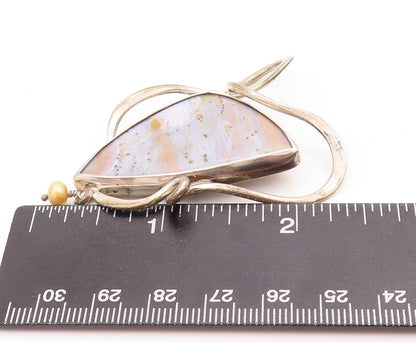 925 Sterling Silver Vintage Pendant Brutalist Designer Marble With Pearl PT22855