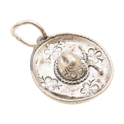 925 Sterling Silver  Vintage Shiny Floral Patterned Sombrero Pendant  PT16517