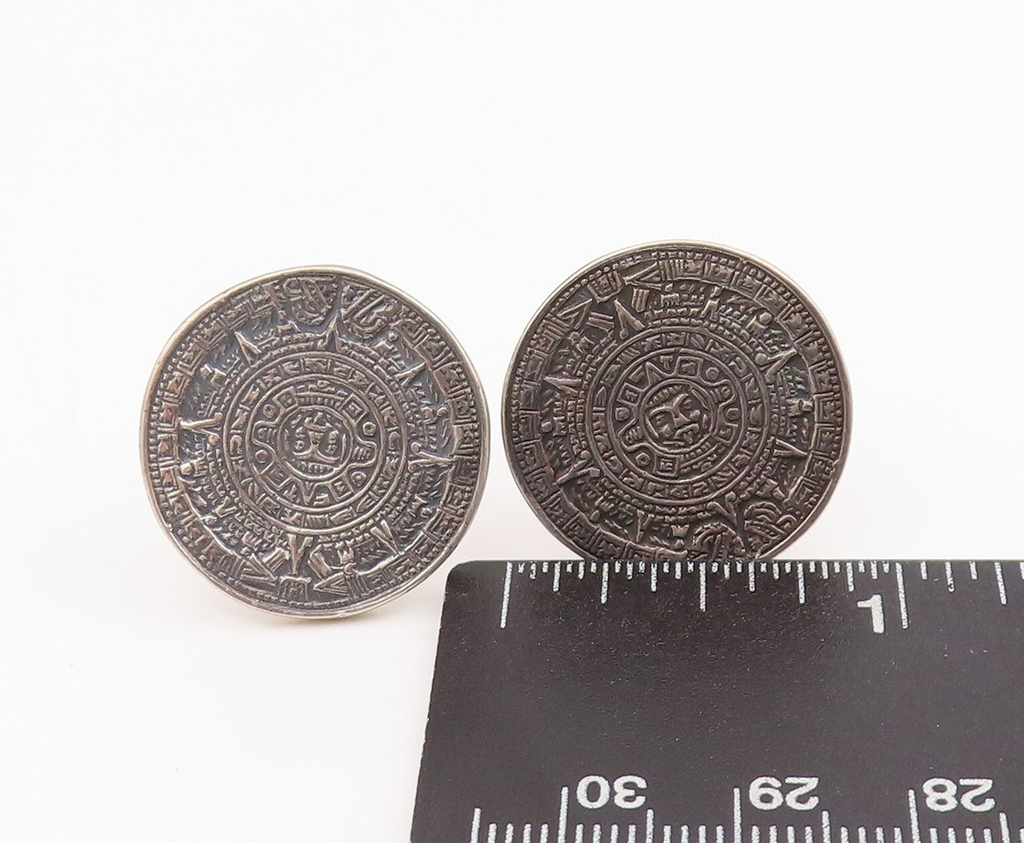 925 Sterling Silver Vintage Cuff Links Antique Dark Tone Aztec Sun Carved TR3885