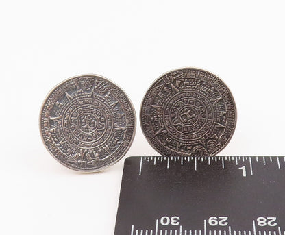 925 Sterling Silver Vintage Cuff Links Antique Dark Tone Aztec Sun Carved TR3885