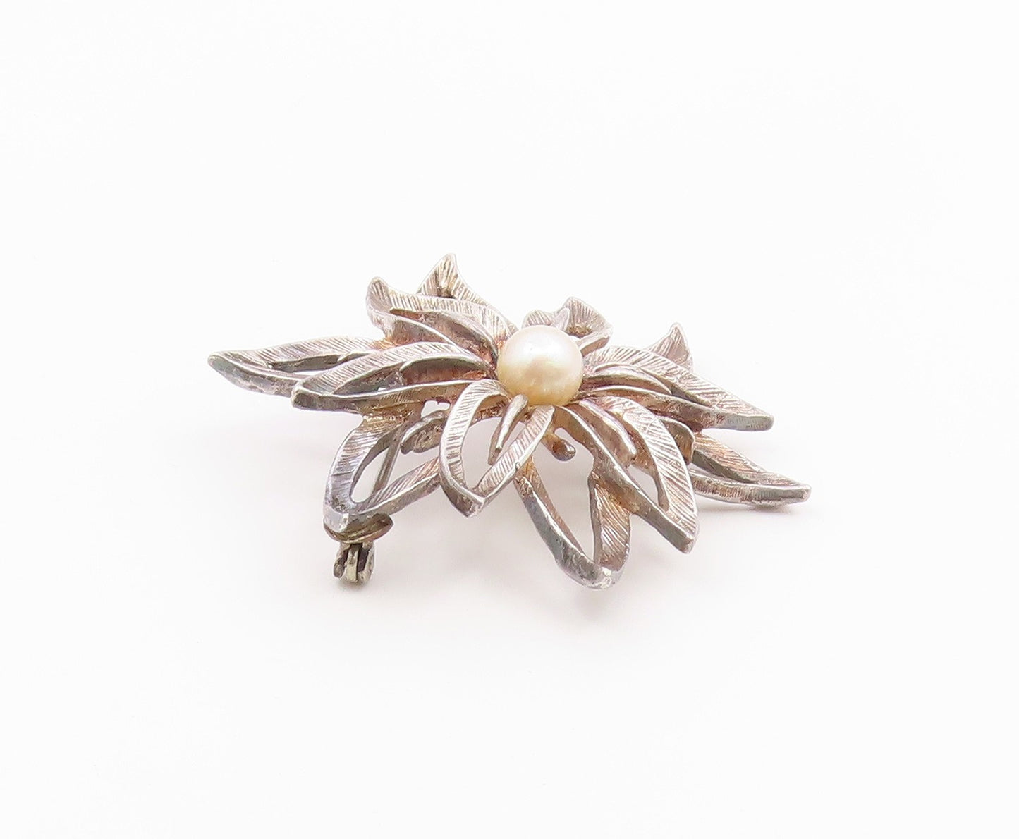 925 Sterling Silver  Vintage Cultured Pearl Flower Motif Brooch Pin  BP8927