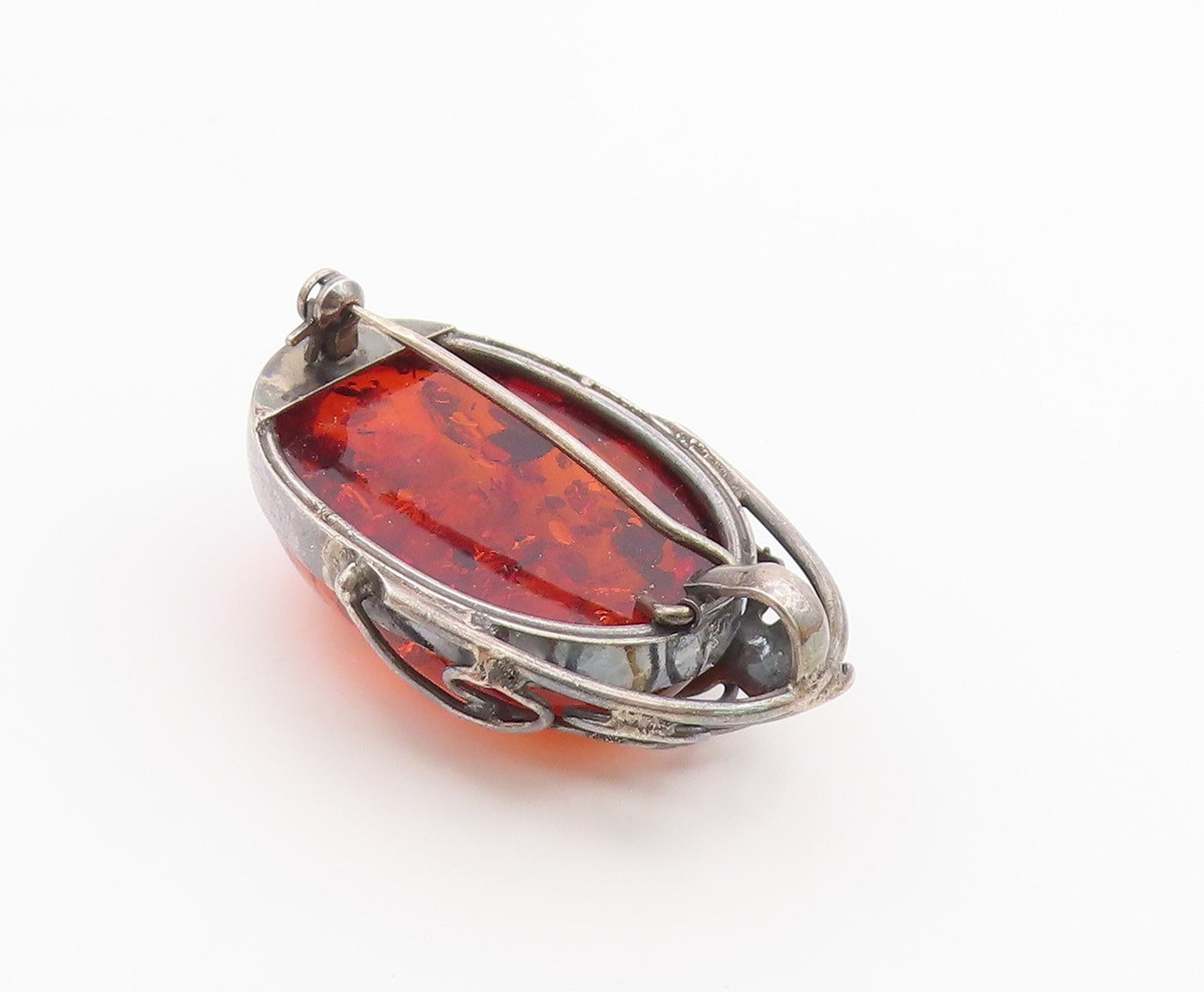 925 Sterling Silver  Vintage Cabochon Cut Amber Floral Leaf Brooch Pin  BP8463