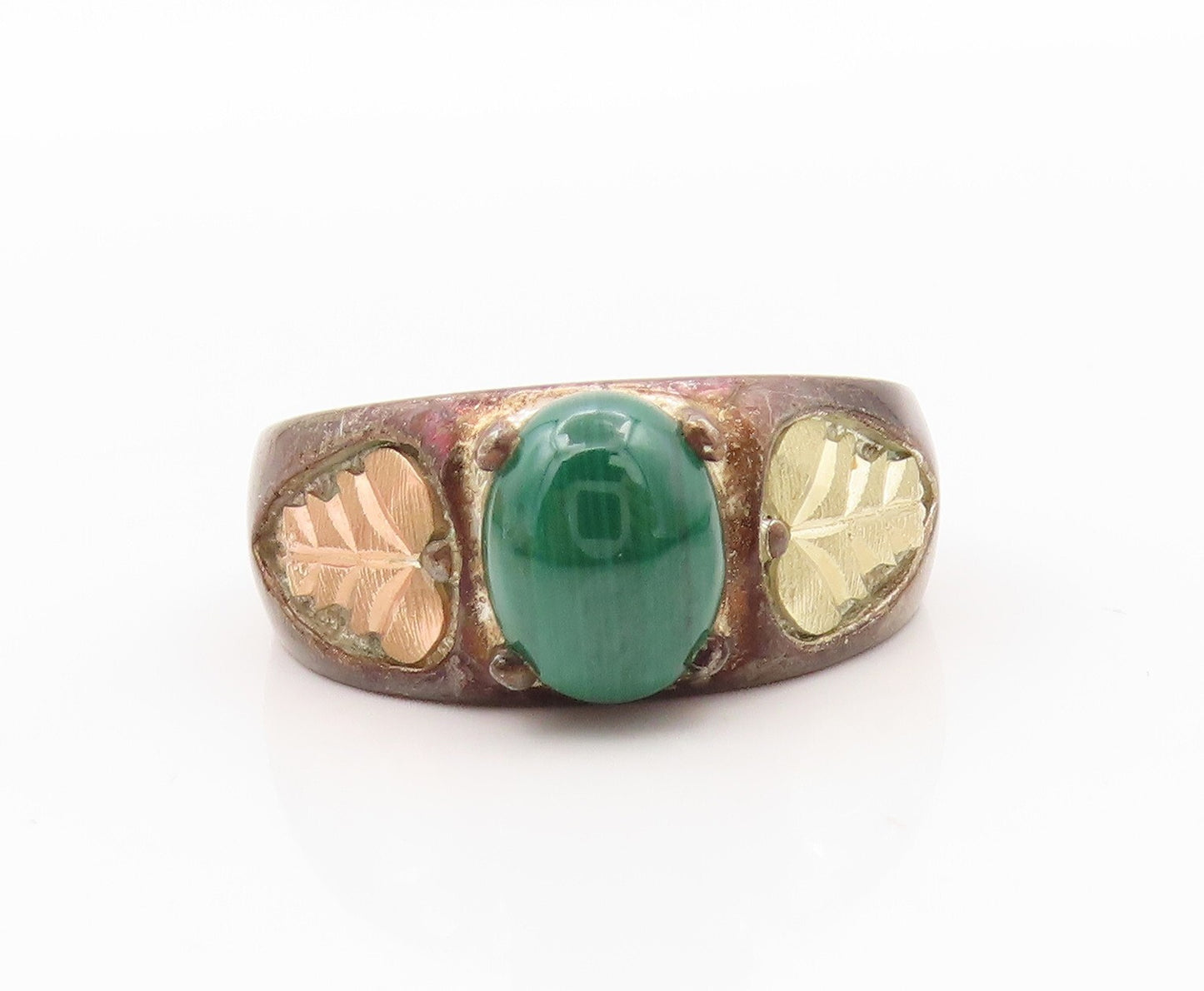 12k Gold 925 Sterling Silver Vintage Ring Oval Malachite Flowers  Sz 9  RG31915