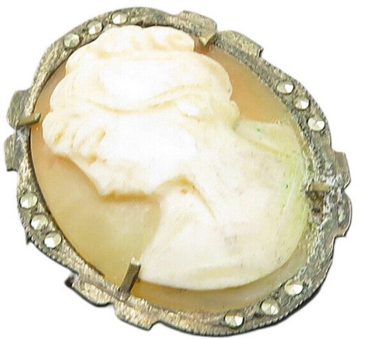 925 Sterling Silver  Vintage Antique Marcasite Accent Cameo Brooch Pin  BP7913