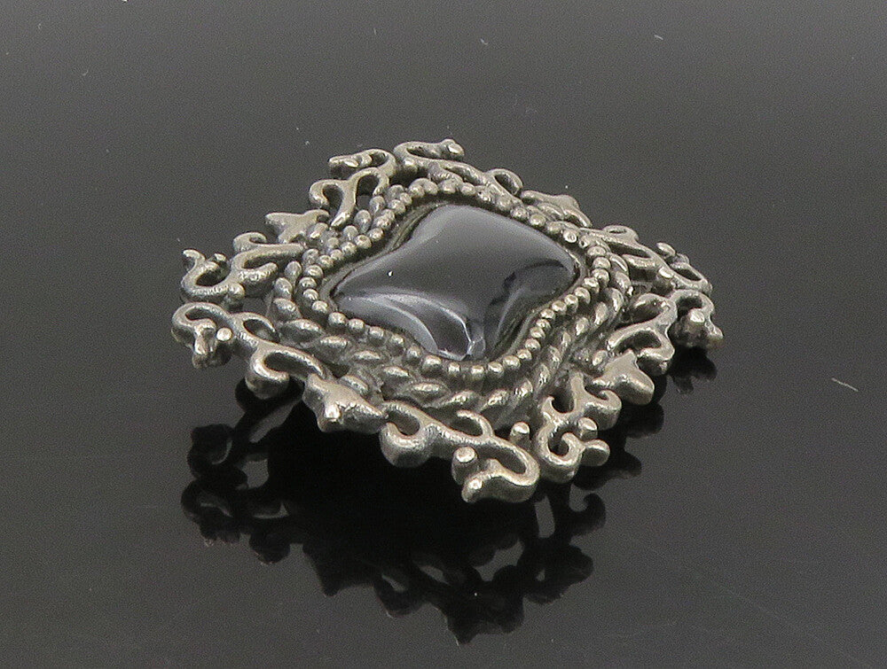 925 Sterling Silver  Vintage Black Onyx Floral Vine Border Brooch Pin  BP9304