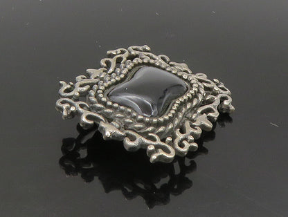 925 Sterling Silver  Vintage Black Onyx Floral Vine Border Brooch Pin  BP9304