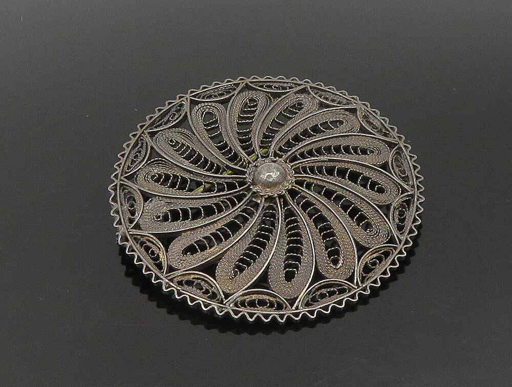 ISRAEL 925 Silver  Vintage Antique Floral Motif Wire Mesh Brooch Pin  BP9454