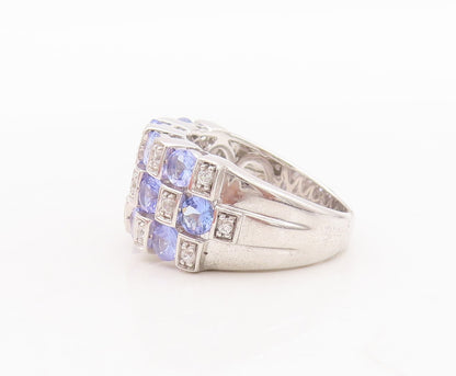 925 Sterling Silver Vintage Ring Square Cut Tanzanite & Sapphire Sz 7.5  RG29432