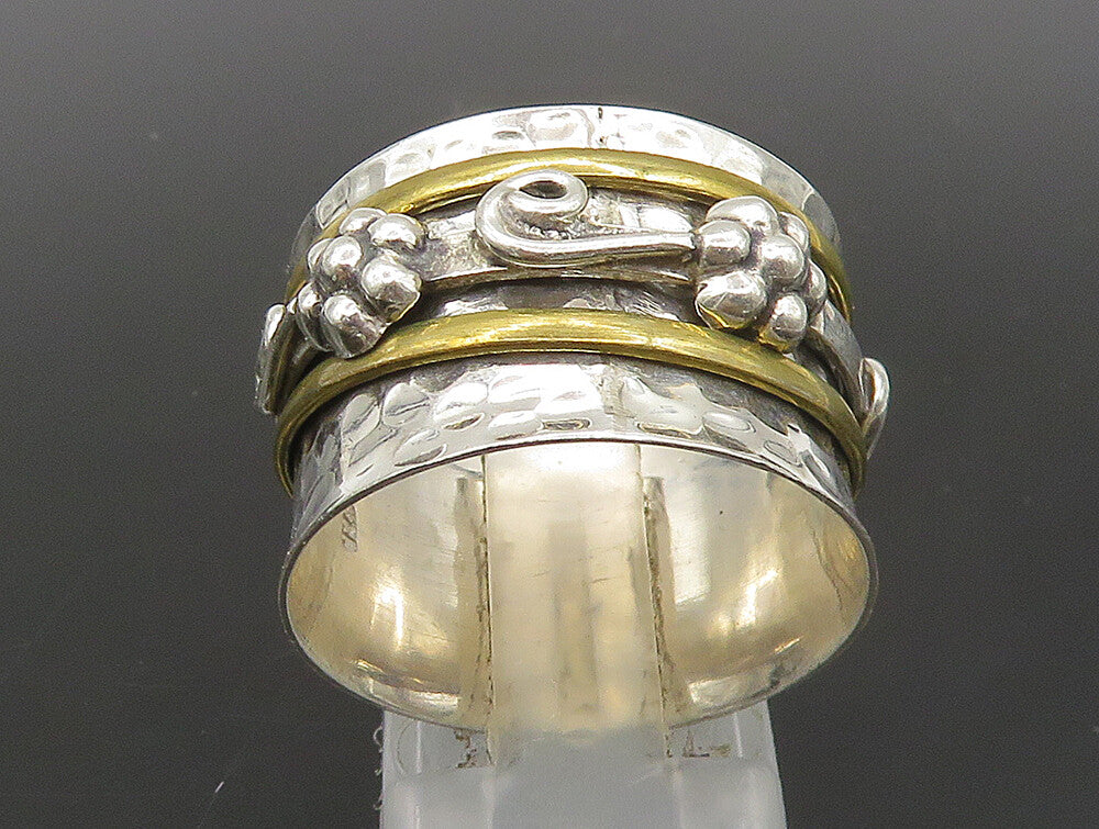 925 Sterling Silver  Vintage 2 Tone Hammered Floral Band Ring Sz 10  RG23761