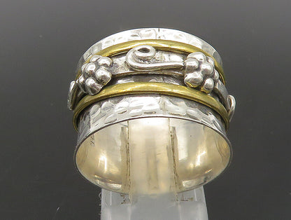 925 Sterling Silver  Vintage 2 Tone Hammered Floral Band Ring Sz 10  RG23761