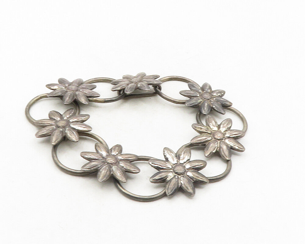 GKCO 925 Sterling Silver  Vintage Oxidized Floral Link Chain Bracelet  BT4303
