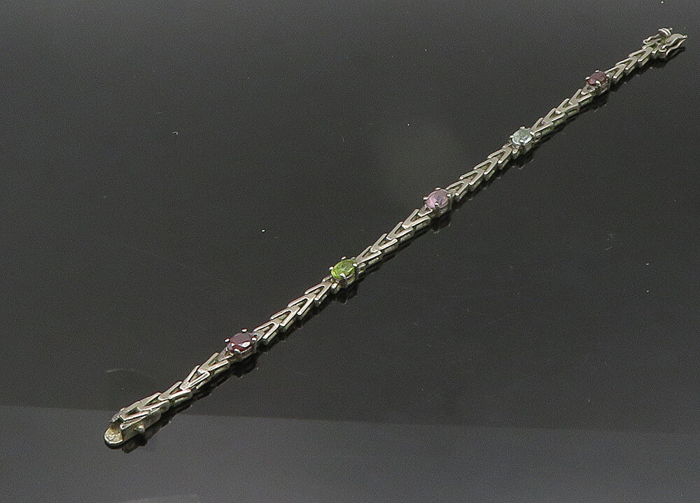 925 Silver  Vintage Peridot Garnet Amethyst & Topaz Chain Bracelet  BT8613