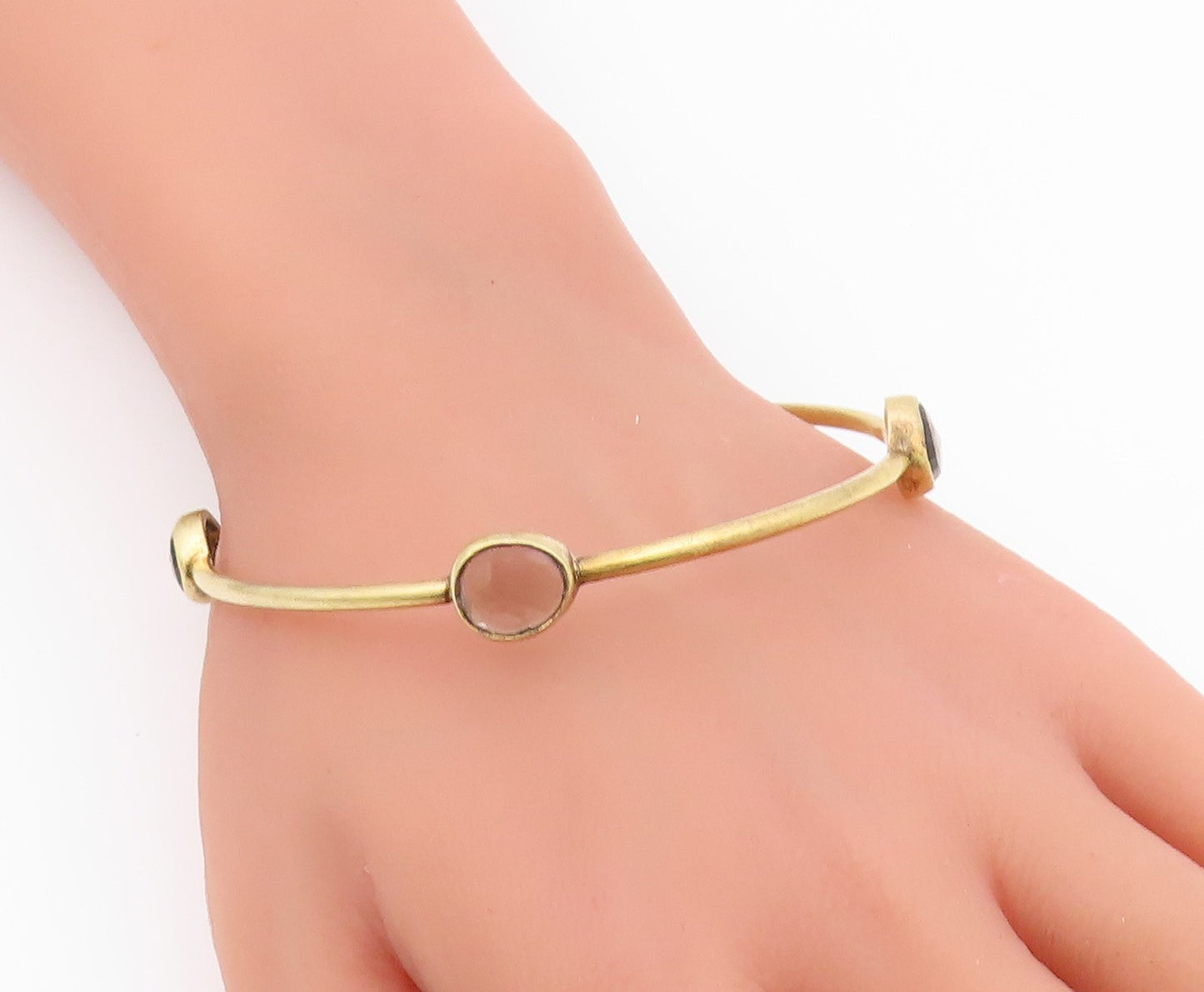 925 Sterling Silver  Vintage Faceted Stone Gold Plated Bangle Bracelet  BT8685