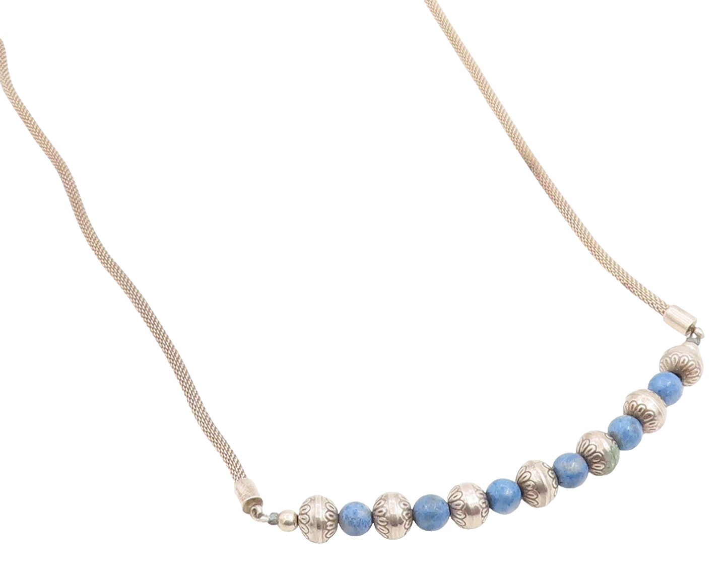925 Sterling Silver Vintage Necklace Elegant Lapis Lazuli Beaded Choker  NE4771