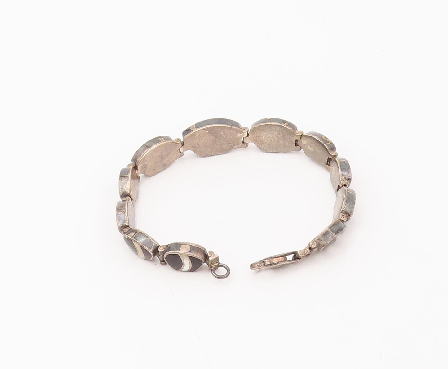 925 Silver  Vintage Black Gemstone & Pearl Beach Pebble Effect Bracelet BT9880