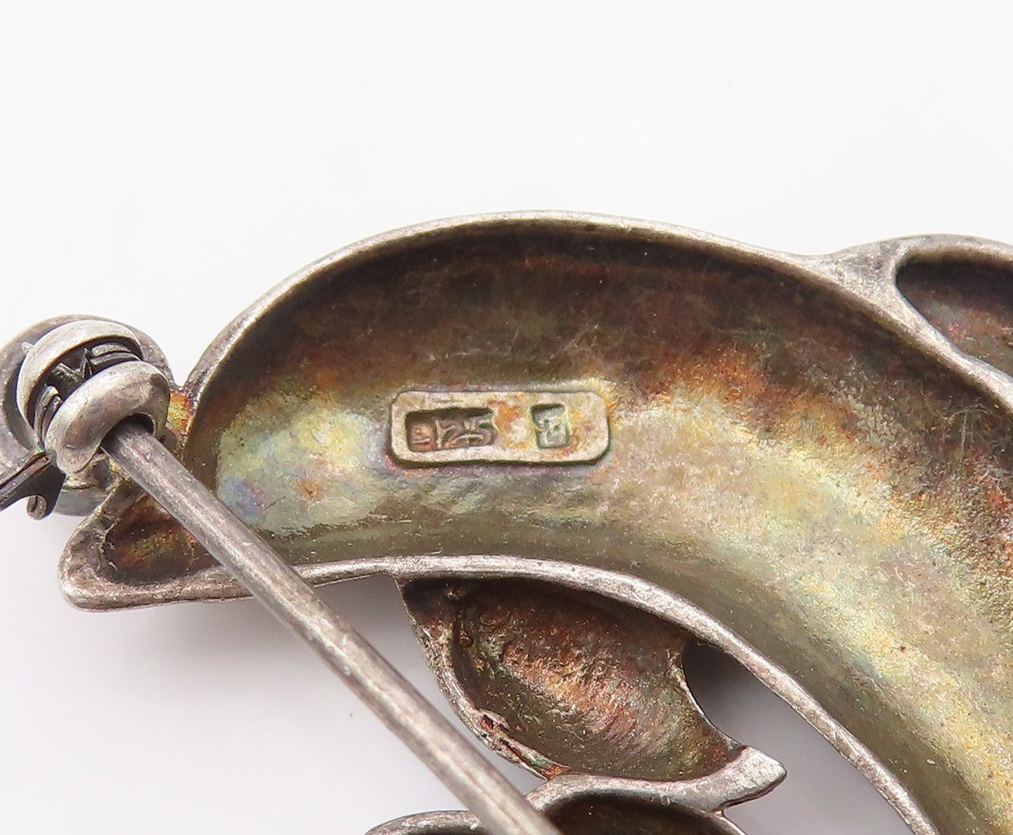 925 Sterling Silver Vintage Brooch Round Topaz Mother & Baby Dolphin  BP12143