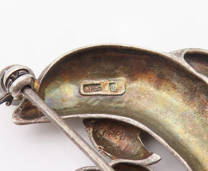 925 Sterling Silver Vintage Brooch Round Topaz Mother & Baby Dolphin  BP12143