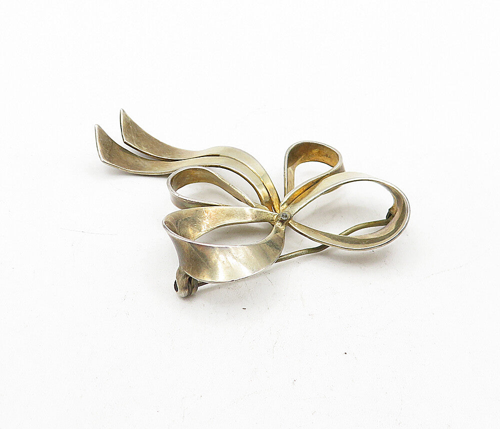 925 Sterling Silver  Vintage Dark Tone Bow Tied Ribbon Brooch Pin  BP1448