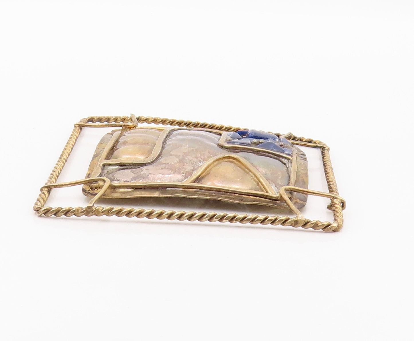 925 Sterling Silver Vintage Brooch Pin DE LILLO Lapis Lazuli Wire Grid  BP12582