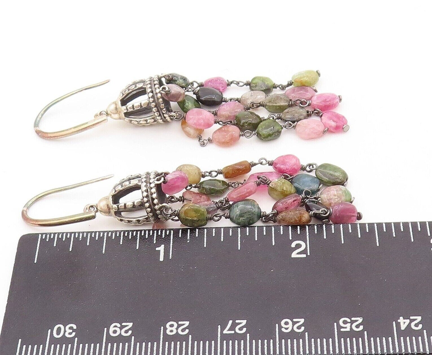925 Sterling Silver Vintage Earrings Cutout Dome Dangling Gemstones  EG13159