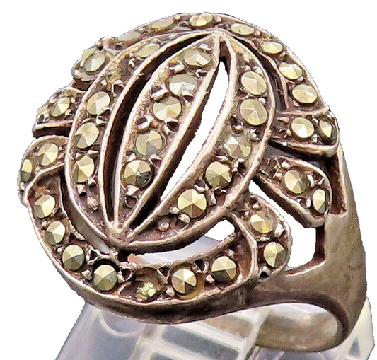 925 Sterling Silver  Vintage Snake Eye Pattern Marcasite Ring Sz 7.5  RG26628