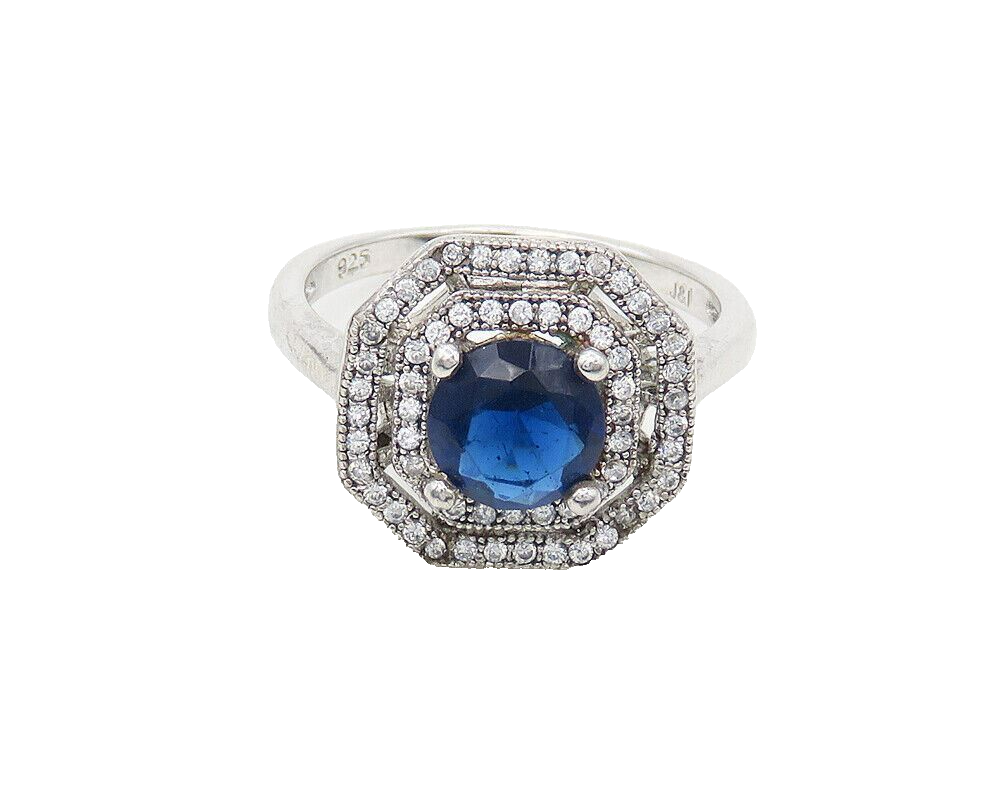 IAN GIBSON 925 Silver  Blue & White Topaz Octagon Band Ring Sz 7  RG18250